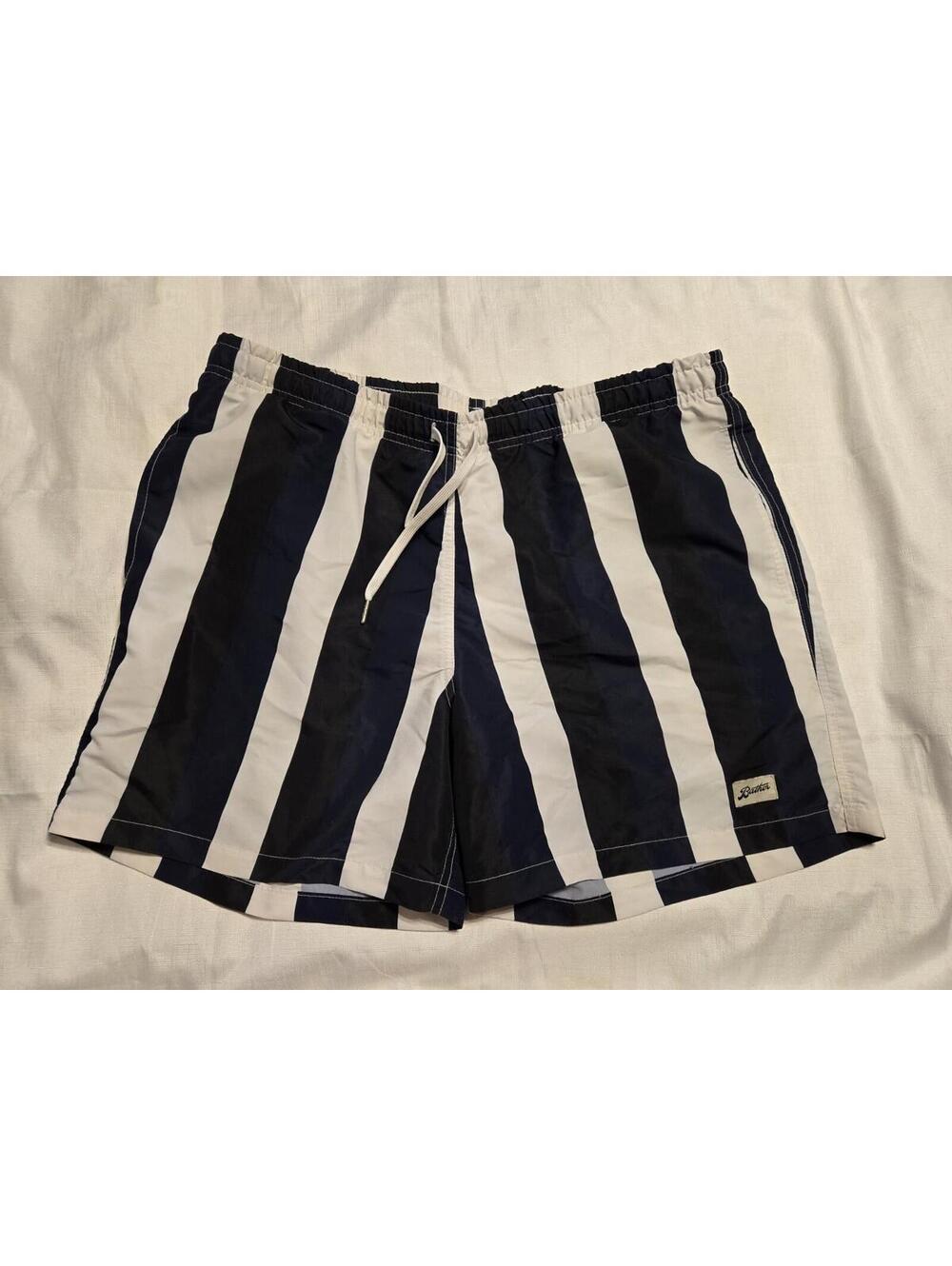 Bather Blue & Black Vertical Striped Mesh Lined Swim Trunks Shorts Men's Size L